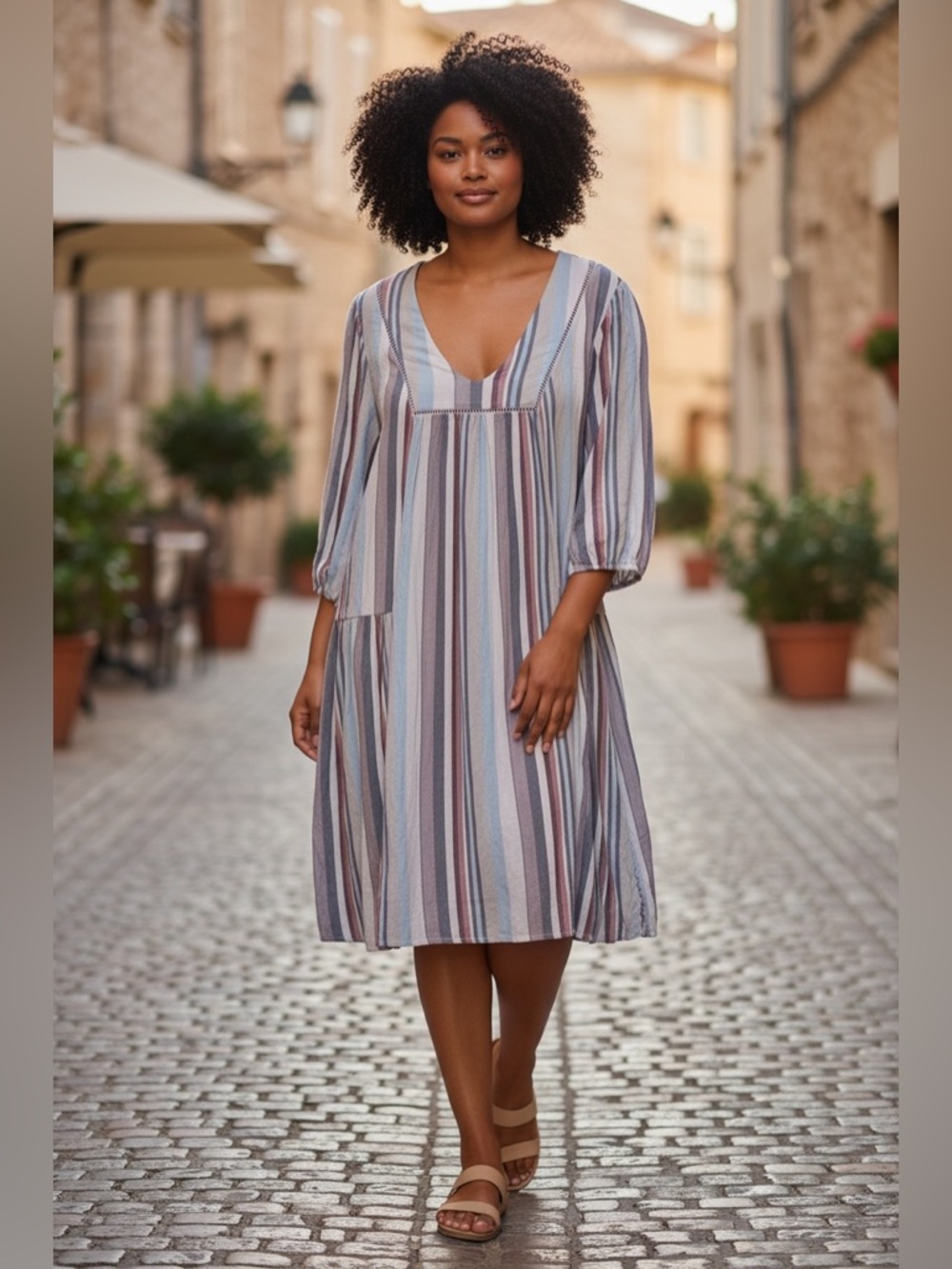 Knox Rose Vertical-Stripe V-Neck Midi Dress in Blue and Mauve